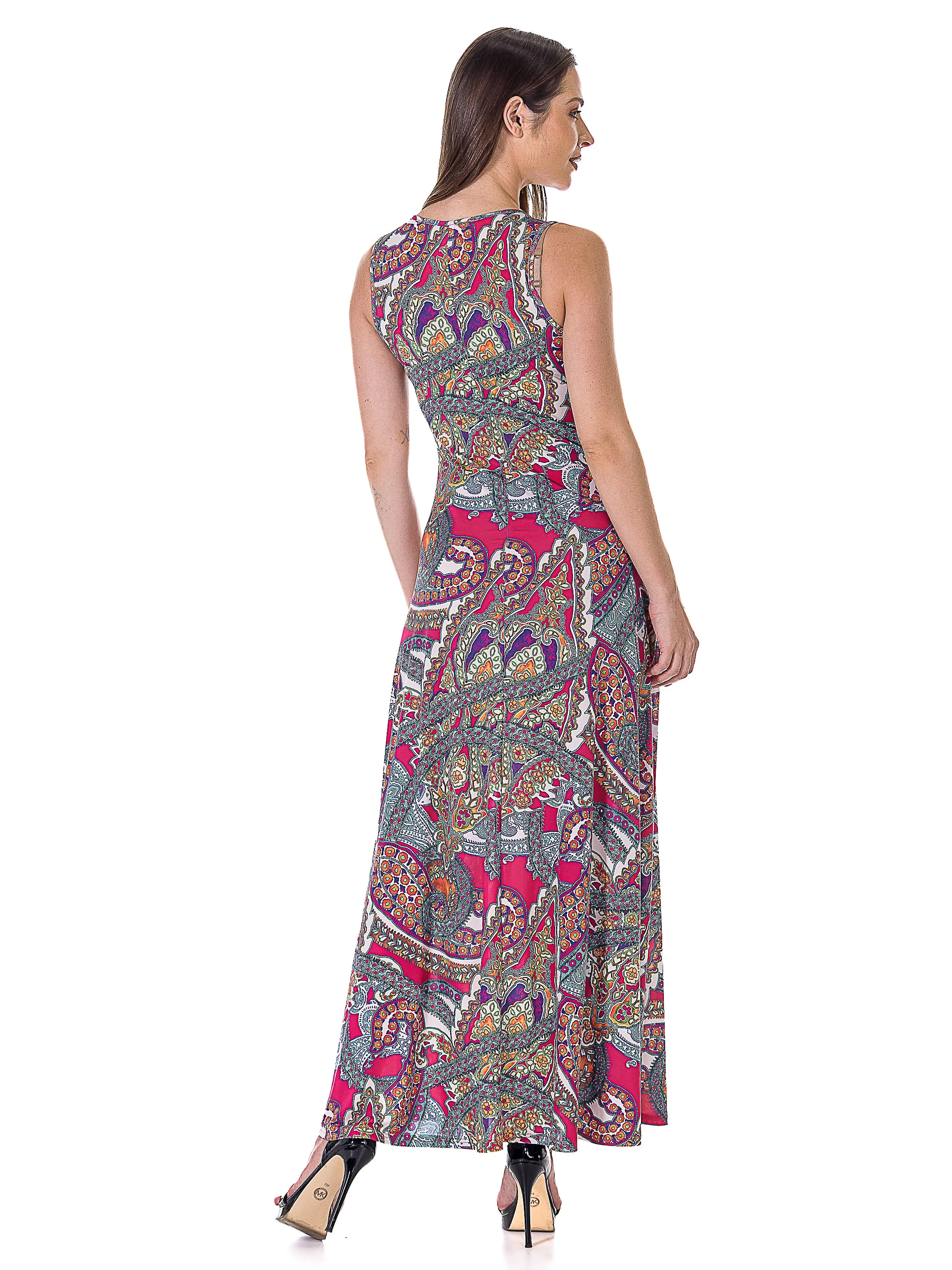 Womens Pink Paisley Print Scoop Neck A Line Sleeveless Maxi Dress