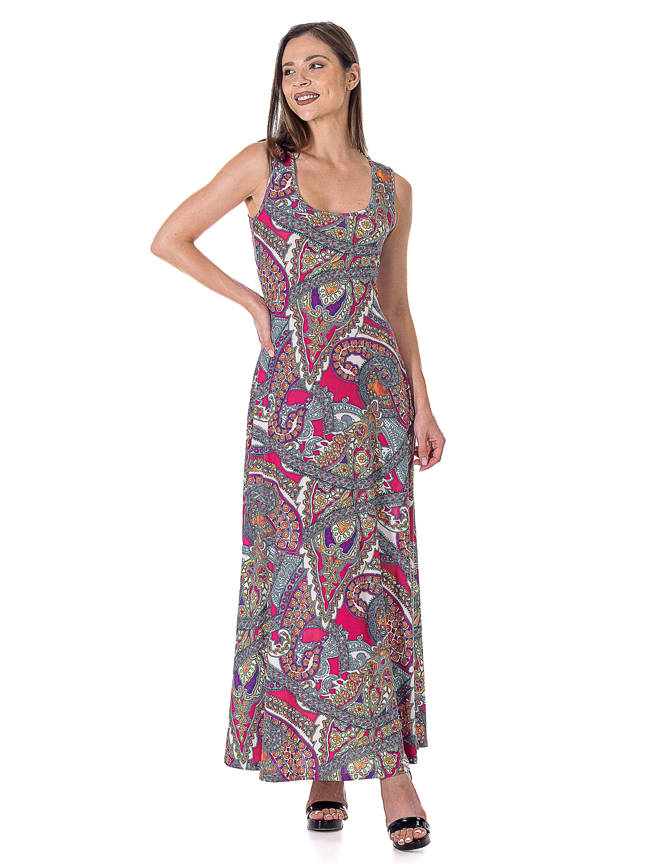 Womens Pink Paisley Print Scoop Neck A Line Sleeveless Maxi Dress