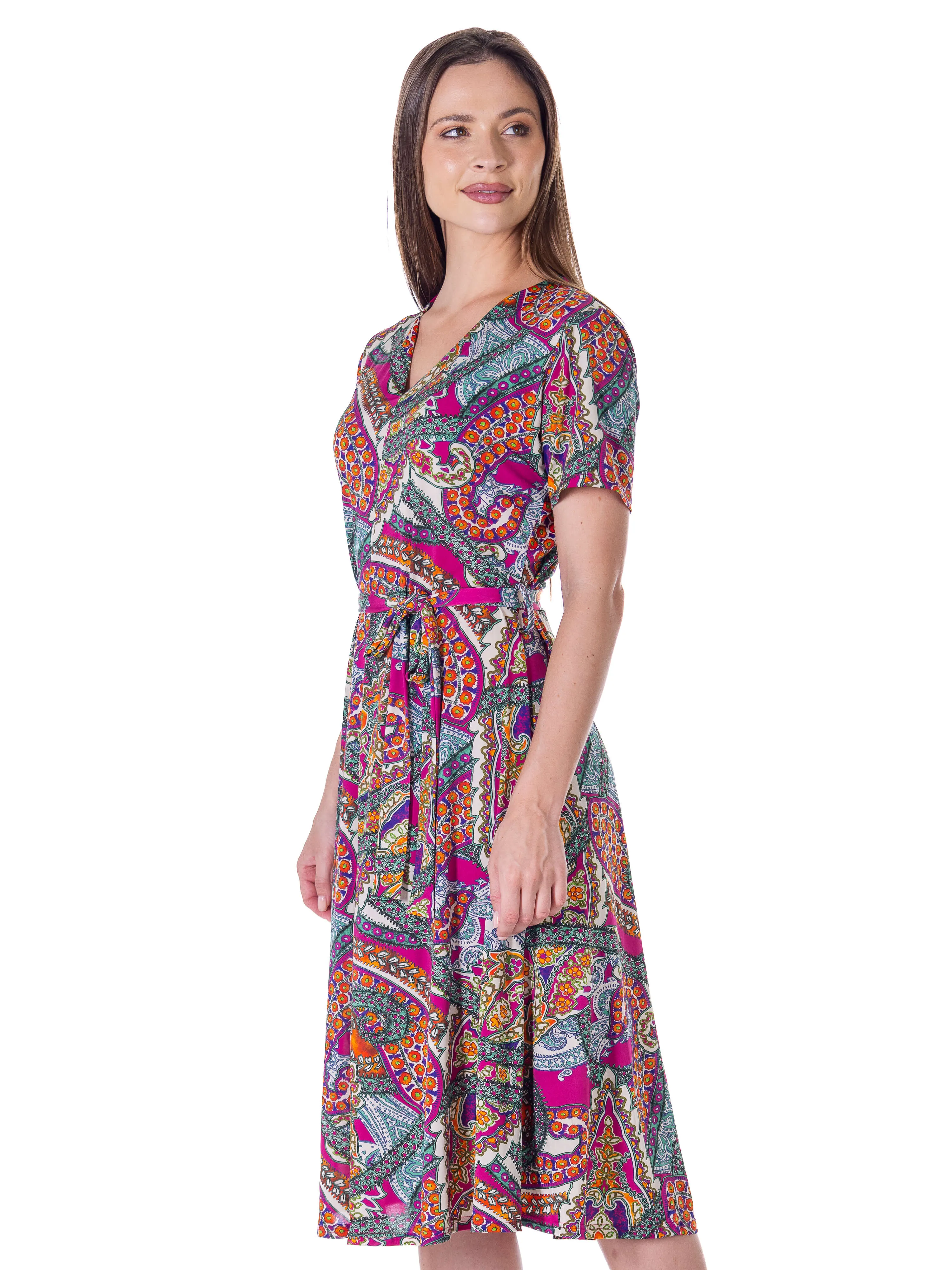 Womens Pink Paisley Short Sleeve Tie Waist Midi Dress