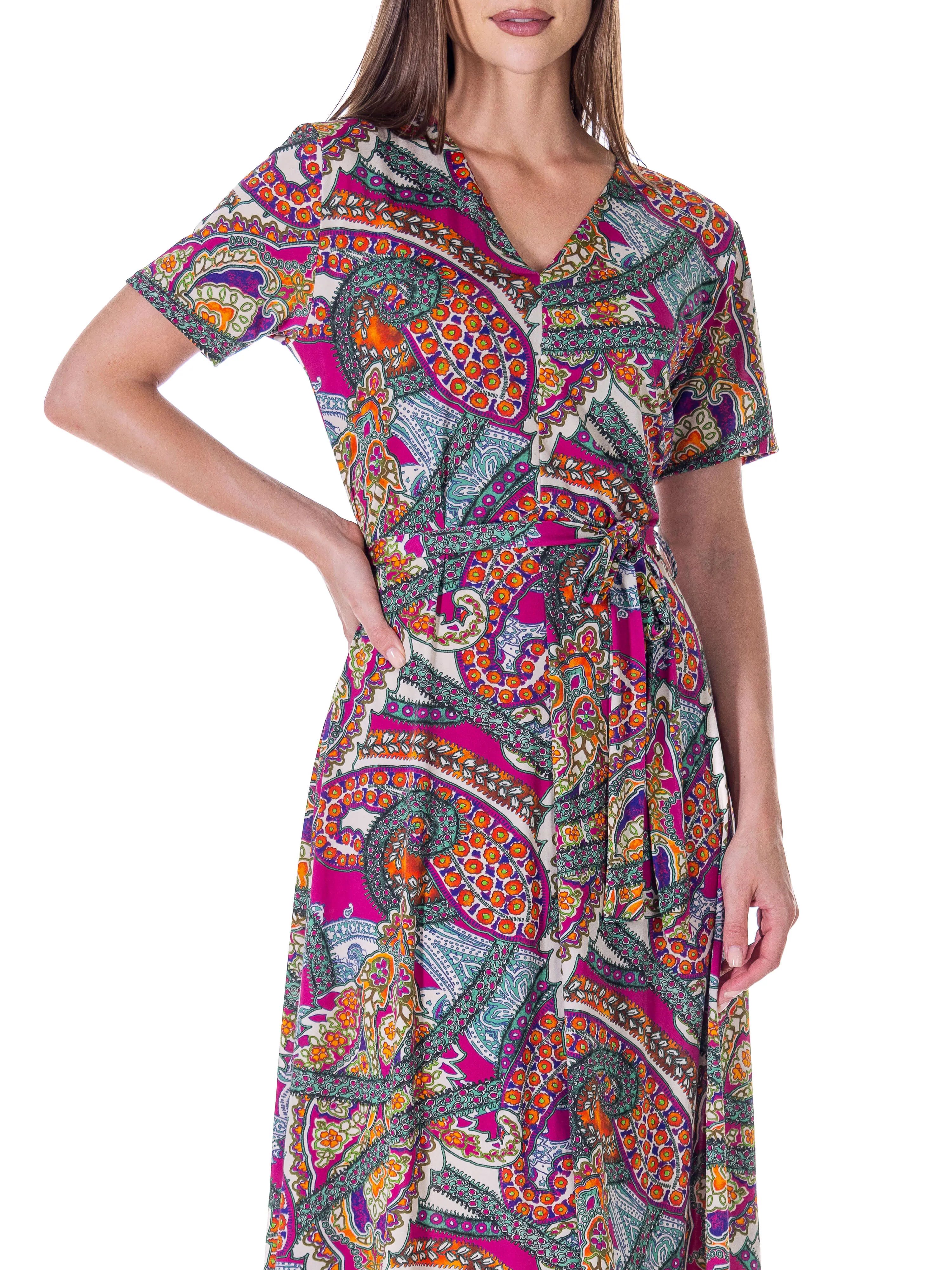 Womens Pink Paisley Short Sleeve Tie Waist Midi Dress