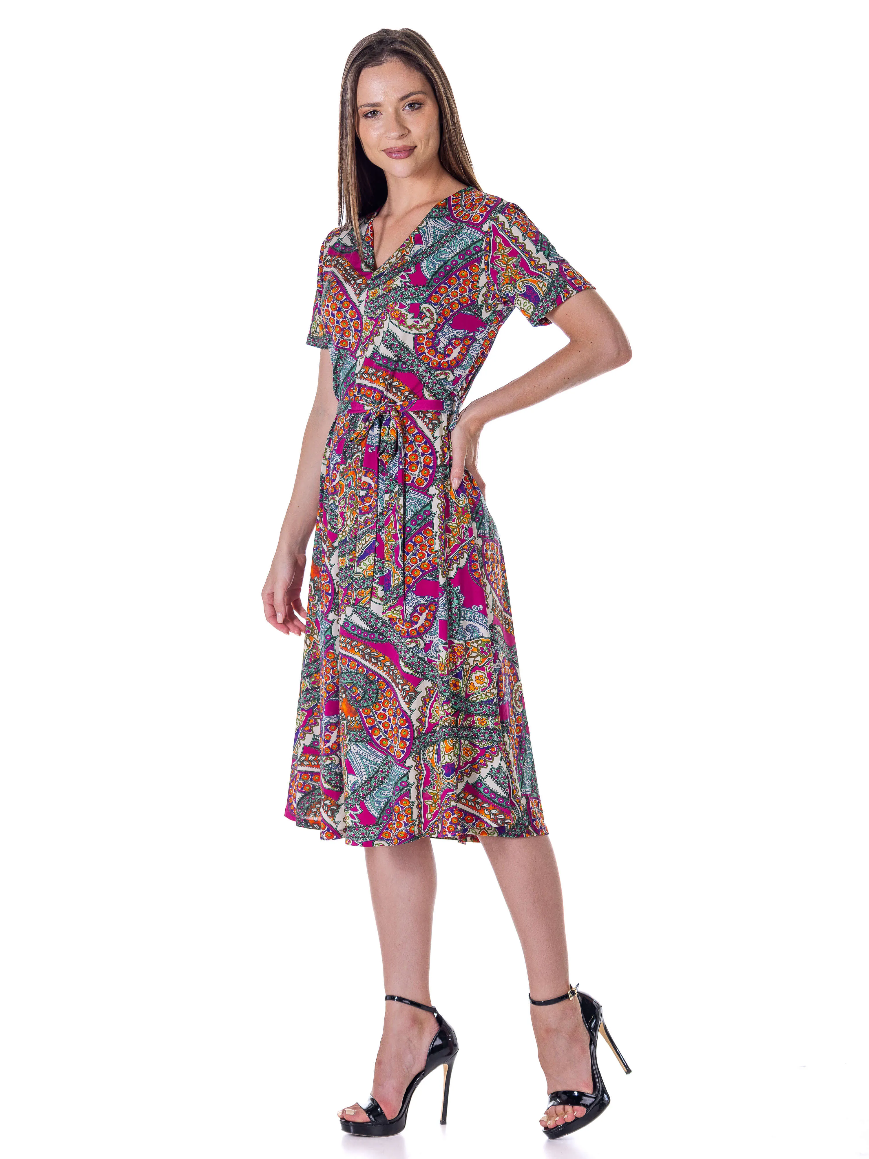 Womens Pink Paisley Short Sleeve Tie Waist Midi Dress