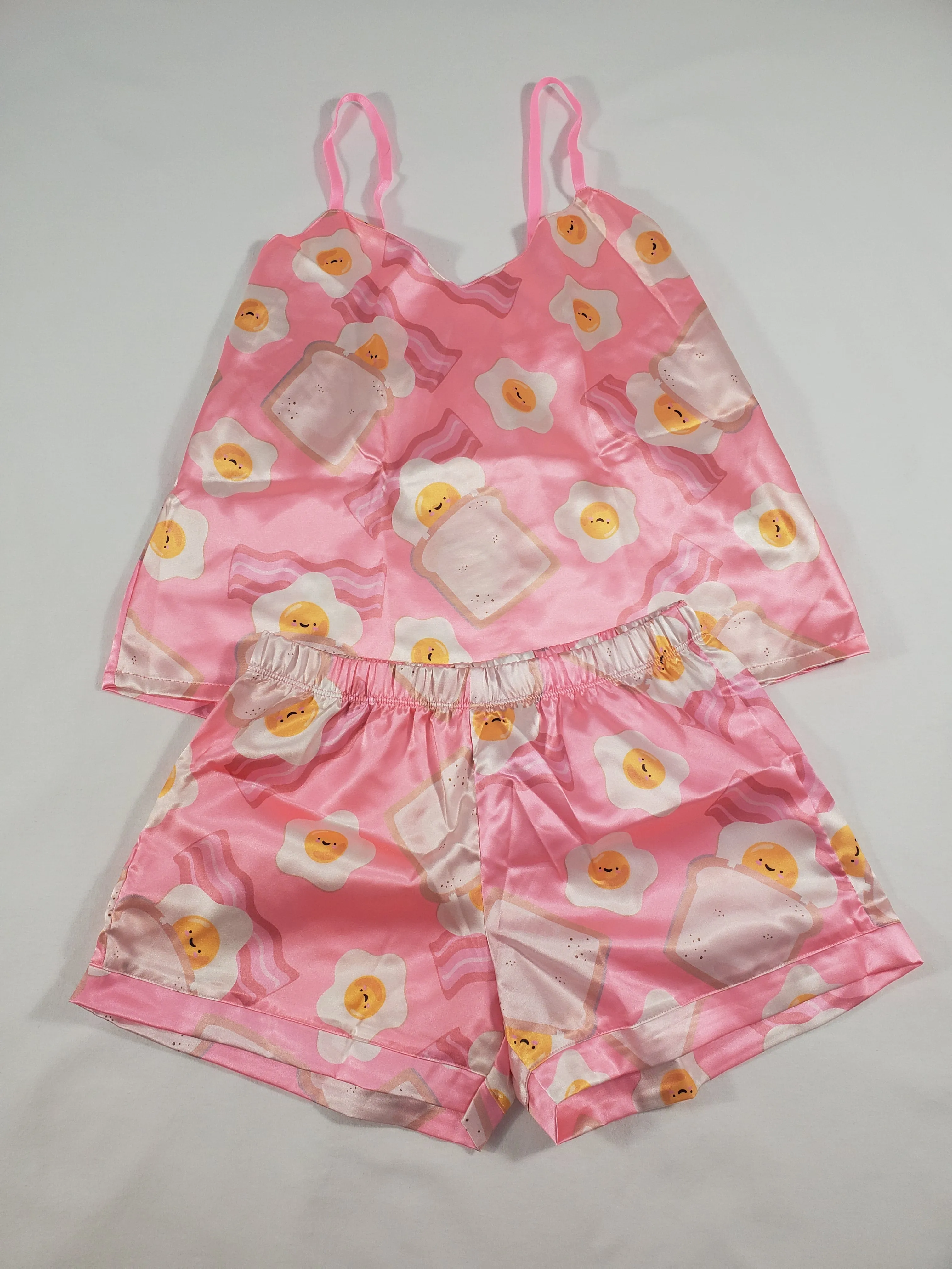 Women's Pink satin pajama set fried eggs bacon and toast theme shorts and blouse