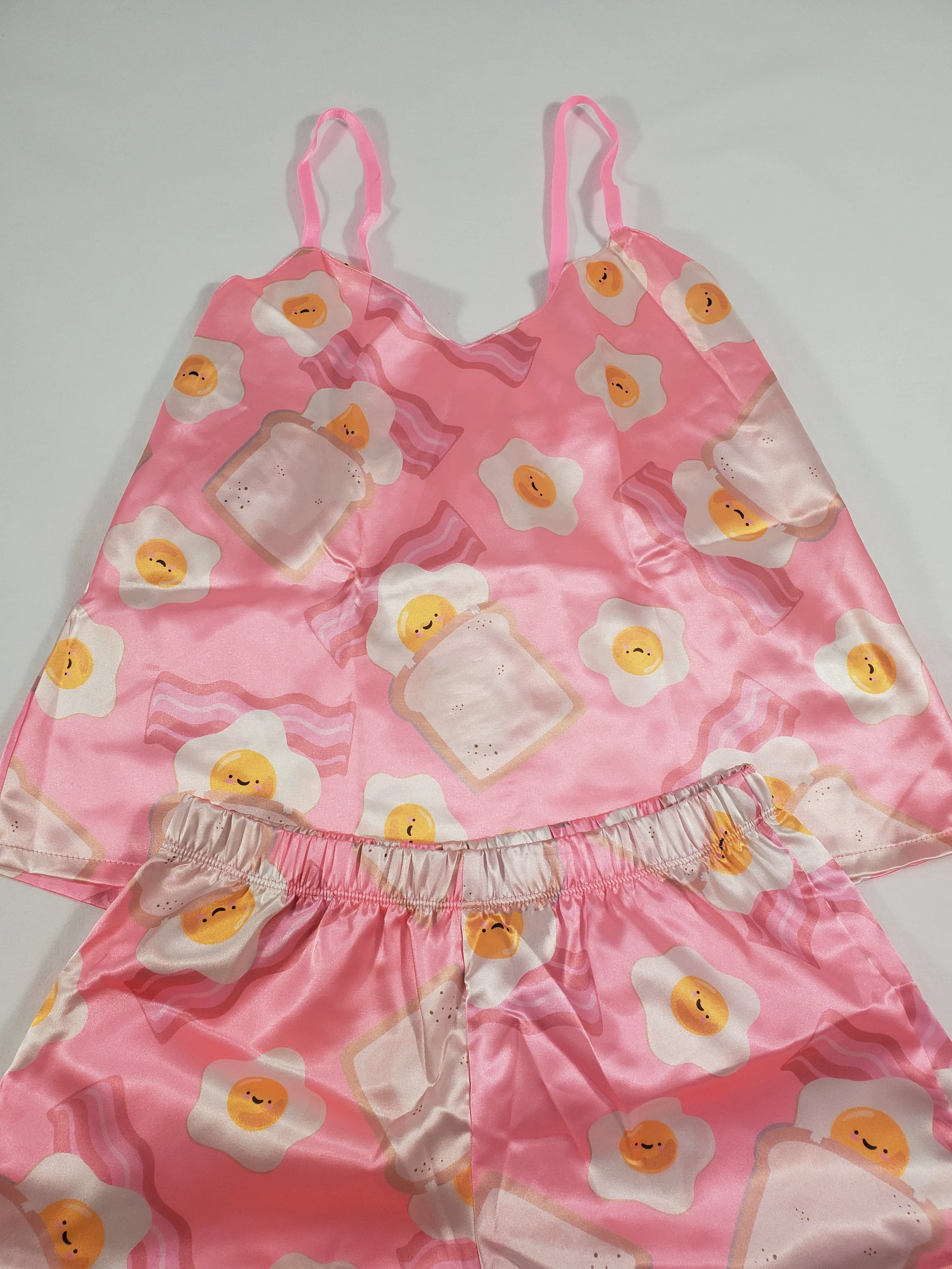 Women's Pink satin pajama set fried eggs bacon and toast theme shorts and blouse