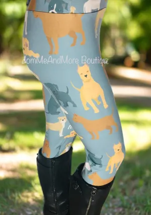 Womens Pitbull Dog Leggings, Soft Yoga Pants, Sizes OS/TC, Yoga Waist, Blue/Tan, Exclusive Leggings