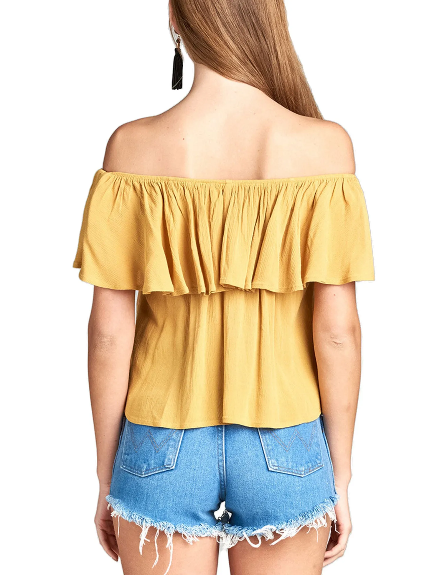 Women's Plain Short Sleeve Off Shoulder Ruffle Crinkle Gauze Blouse Top