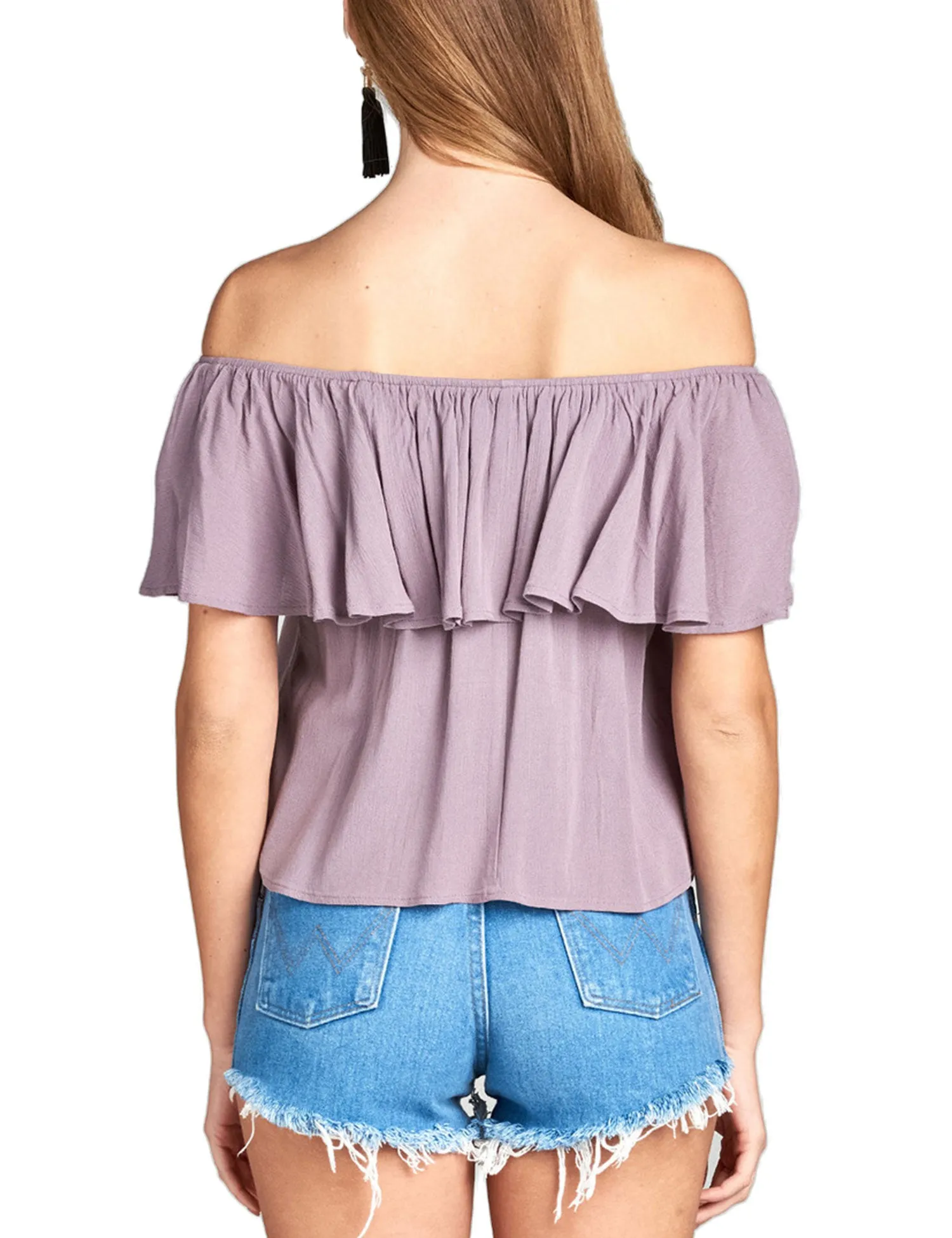 Women's Plain Short Sleeve Off Shoulder Ruffle Crinkle Gauze Blouse Top