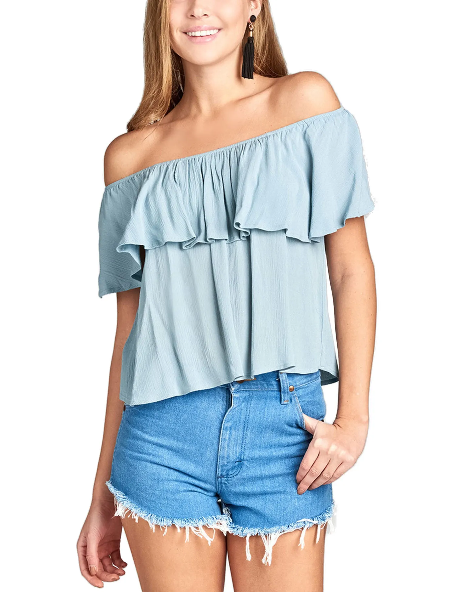 Women's Plain Short Sleeve Off Shoulder Ruffle Crinkle Gauze Blouse Top