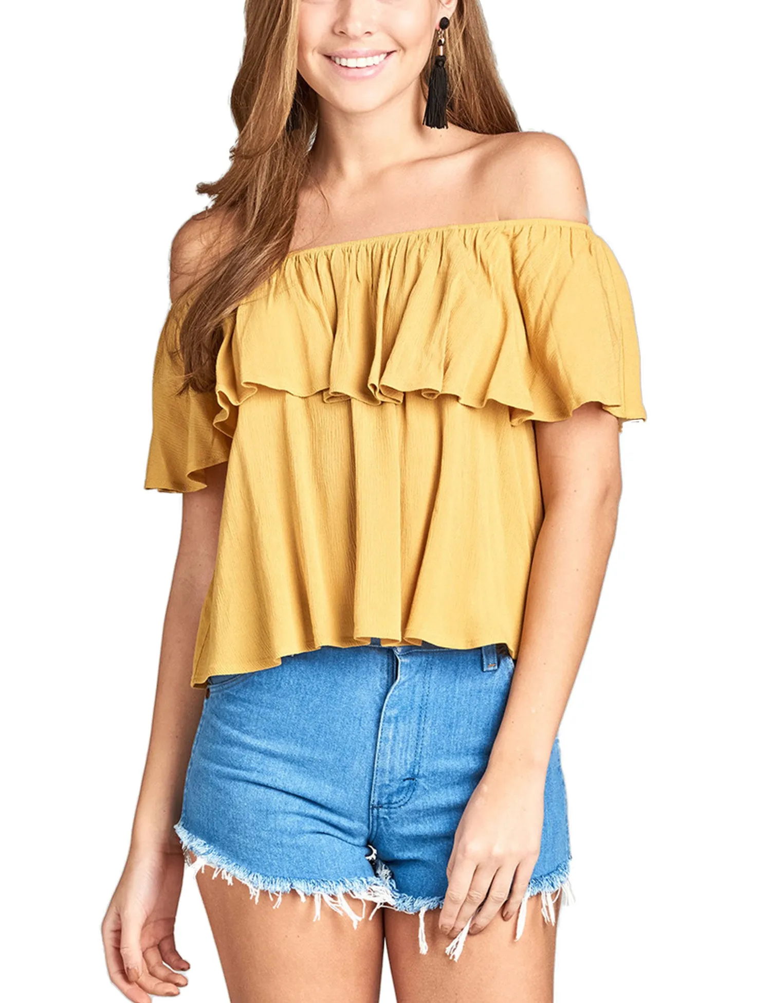 Women's Plain Short Sleeve Off Shoulder Ruffle Crinkle Gauze Blouse Top