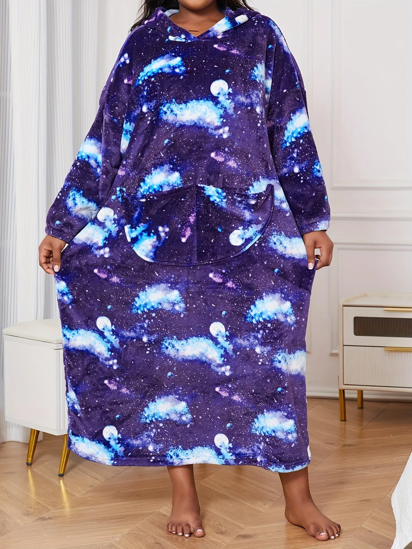 Women's Plus Casual Nightgown, Plus Size Starry Sky Print Warm Flannel Hooded Wearable Blanket For Fall & Winter