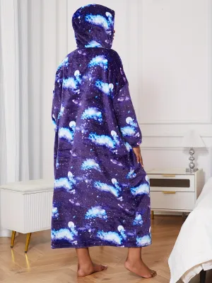 Women's Plus Casual Nightgown, Plus Size Starry Sky Print Warm Flannel Hooded Wearable Blanket For Fall & Winter