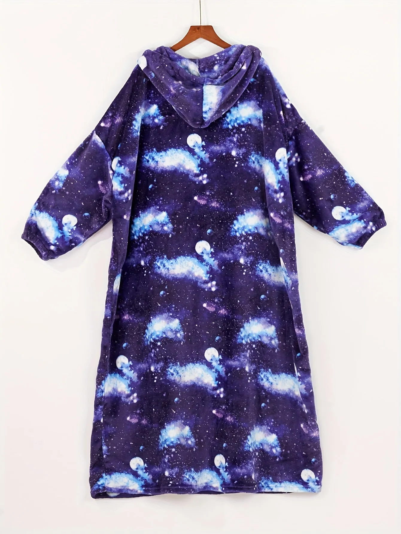 Women's Plus Casual Nightgown, Plus Size Starry Sky Print Warm Flannel Hooded Wearable Blanket For Fall & Winter