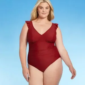 Women's Plus Size Cap Sleeve Plunge One Piece Swimsuit - Kona Sol Burgundy 24W