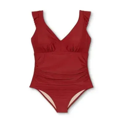 Women's Plus Size Cap Sleeve Plunge One Piece Swimsuit - Kona Sol Burgundy 24W