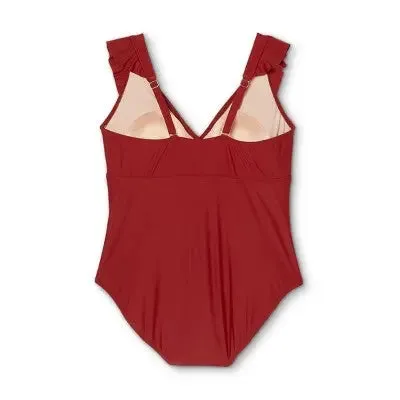 Women's Plus Size Cap Sleeve Plunge One Piece Swimsuit - Kona Sol Burgundy 24W