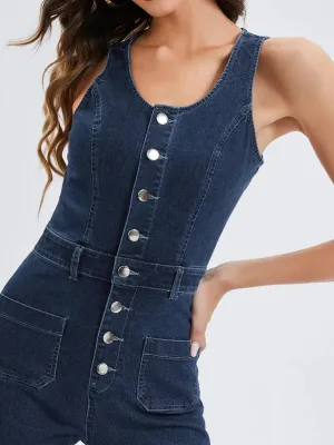 Women's Pocket Button Straight Leg Denim Jumpsuits