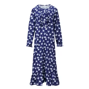 Women's Premium Flannel Long Gown - Swan Navy White