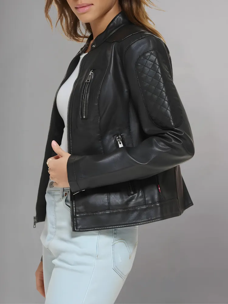 Womens Real Leather Classic Biker Jacket