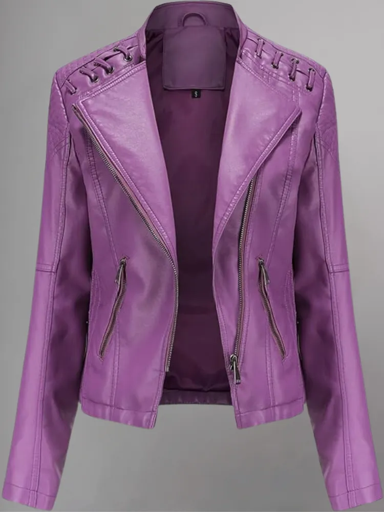 Womens Real Leather Jacket Short Zipper Motorcycle Jackets