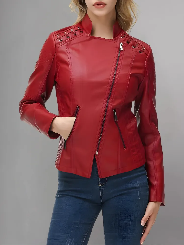 Womens Real Leather Jacket Short Zipper Motorcycle Jackets