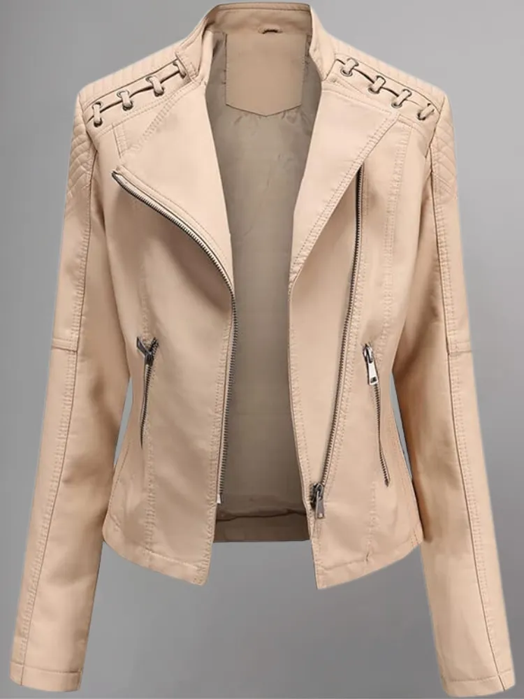 Womens Real Leather Jacket Short Zipper Motorcycle Jackets