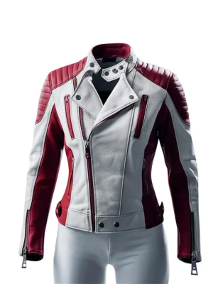 Women’s Red and White Leather Coltello Moto Biker Jacket