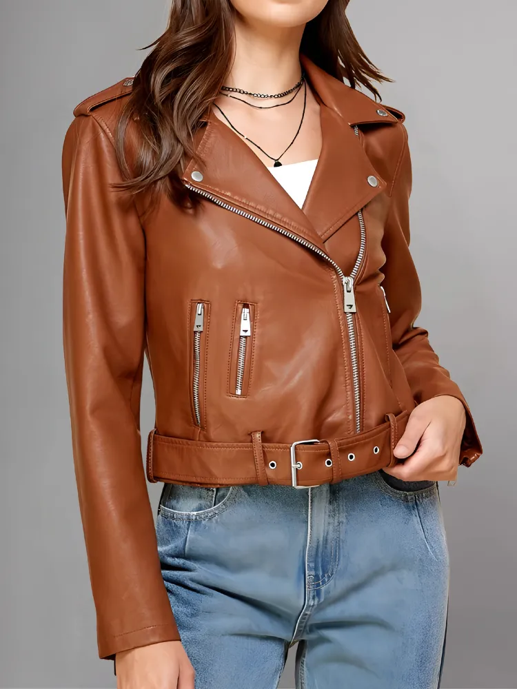 Women's Red Biker Real Leather Jacket