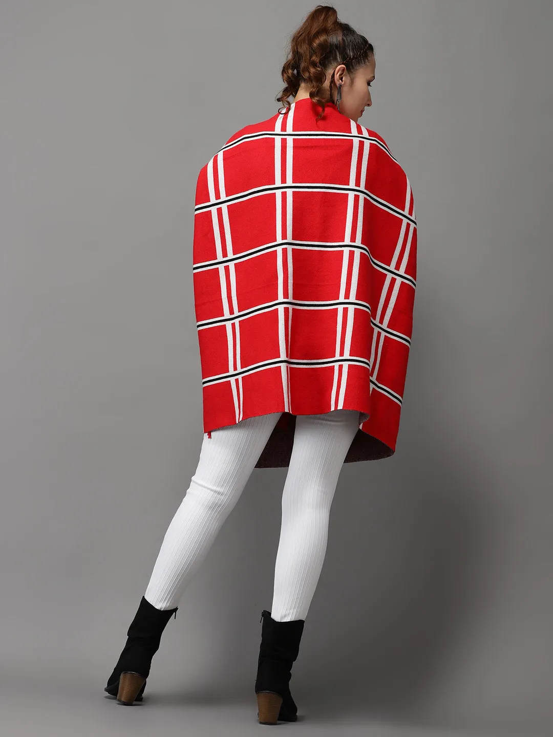 Women's Red Checked Poncho Sweater