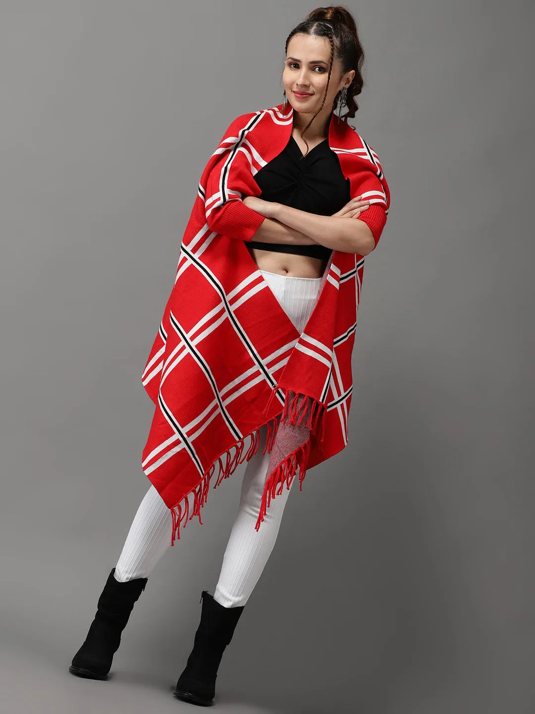 Women's Red Checked Poncho Sweater