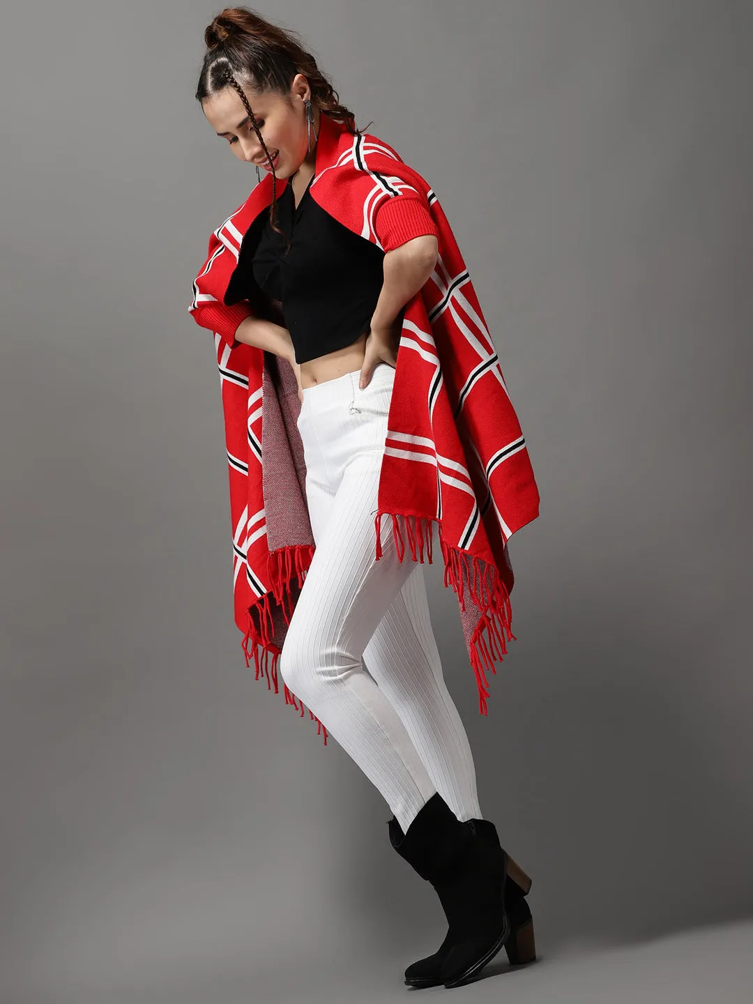 Women's Red Checked Poncho Sweater