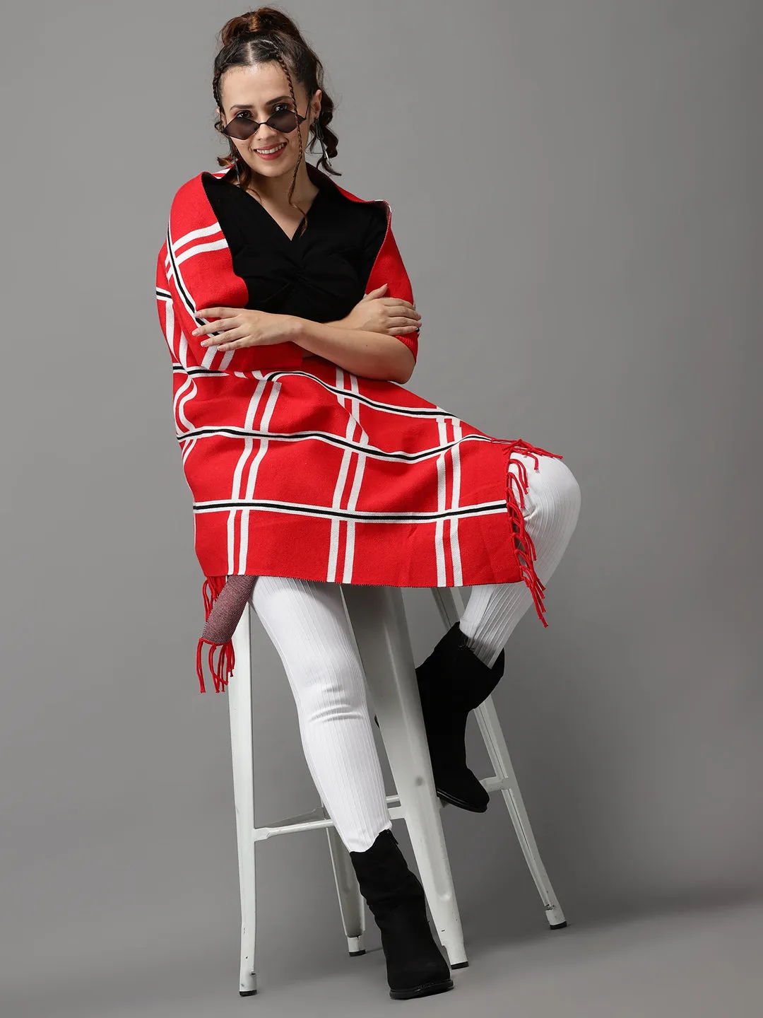 Women's Red Checked Poncho Sweater