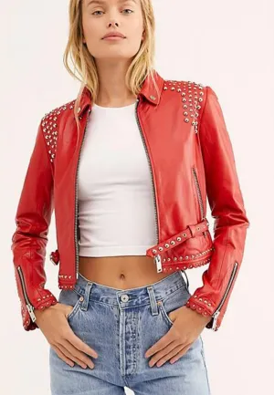 Women’s Red Leather Biker Punk Jacket