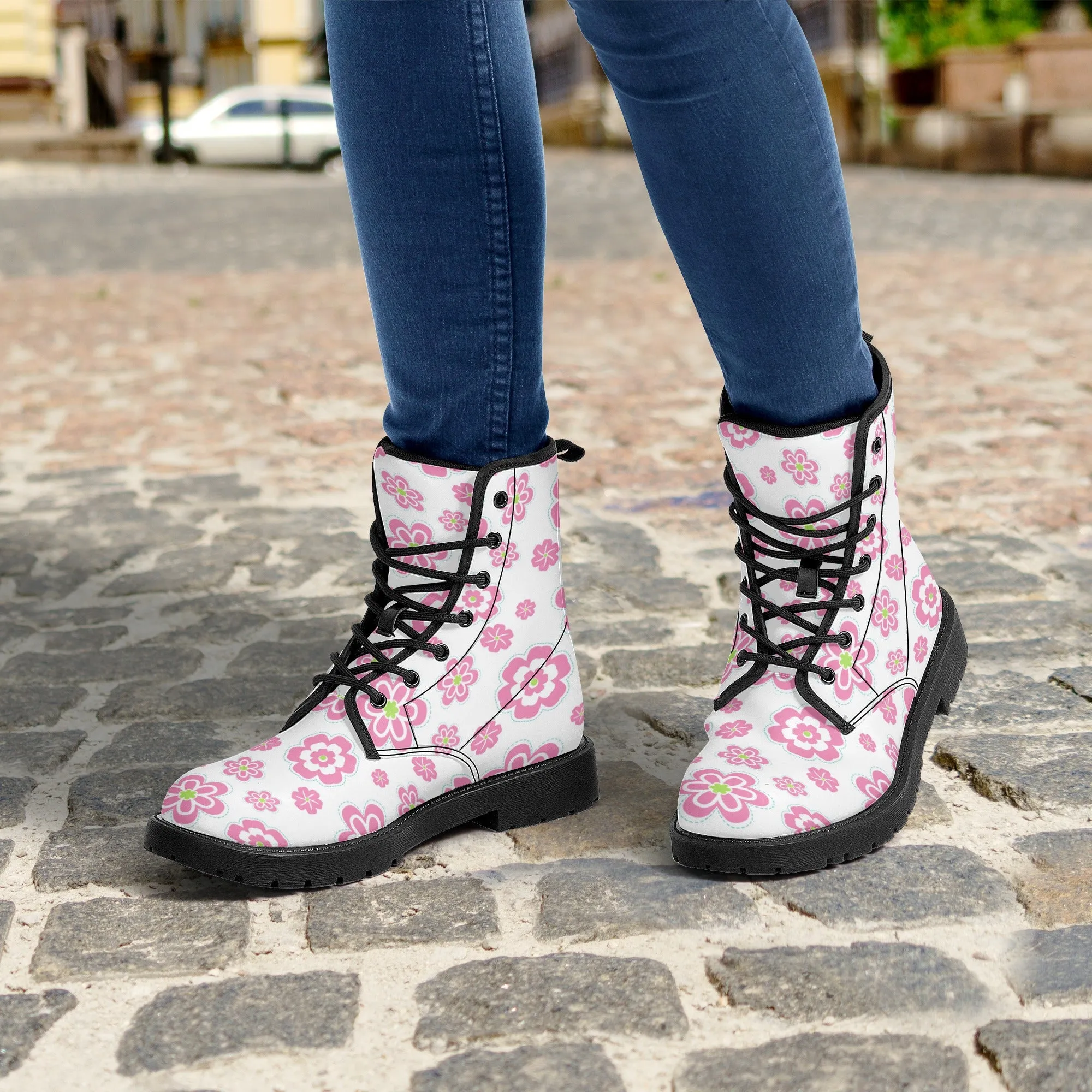 Womens Retro Pink Flowers Boots