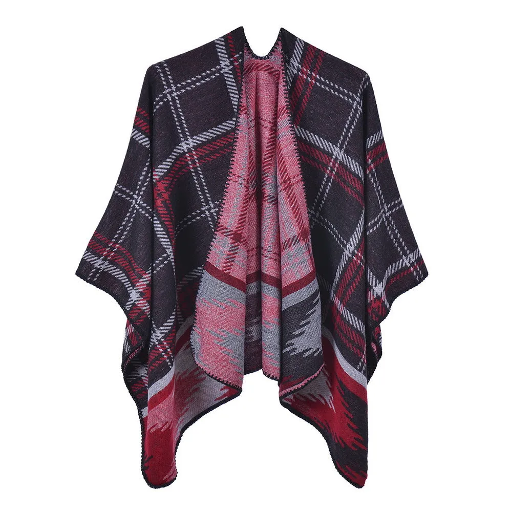 Women's retro plaid shawl, cashmere like, simple and fashionable, warm and thickened small coat cloak