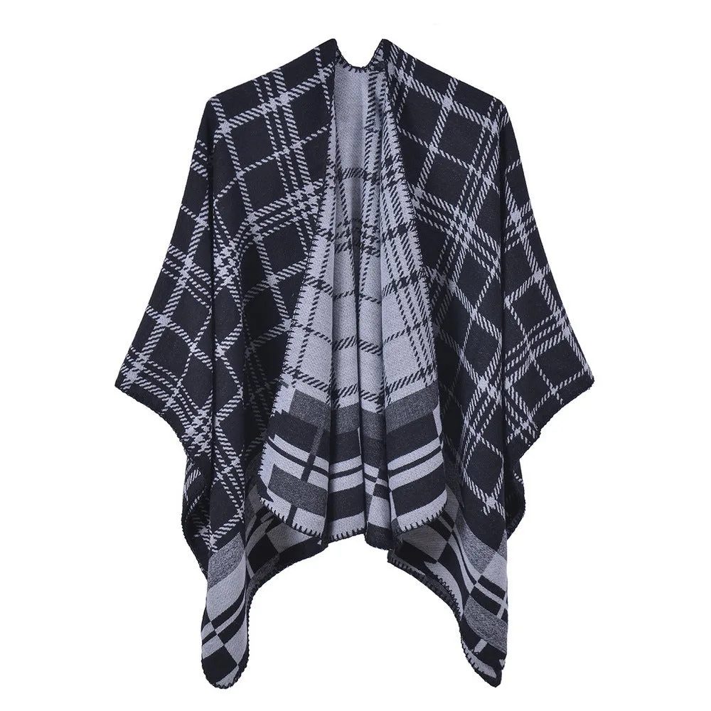 Women's retro plaid shawl, cashmere like, simple and fashionable, warm and thickened small coat cloak