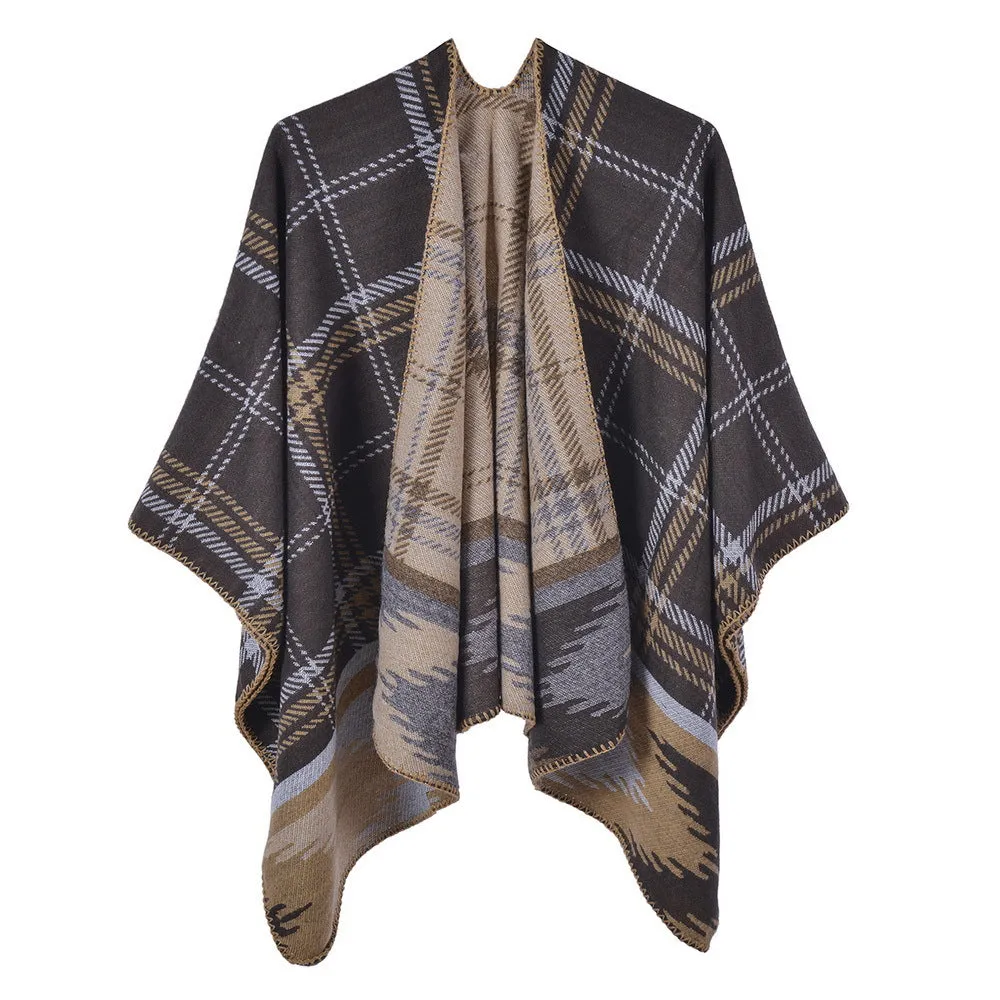 Women's retro plaid shawl, cashmere like, simple and fashionable, warm and thickened small coat cloak