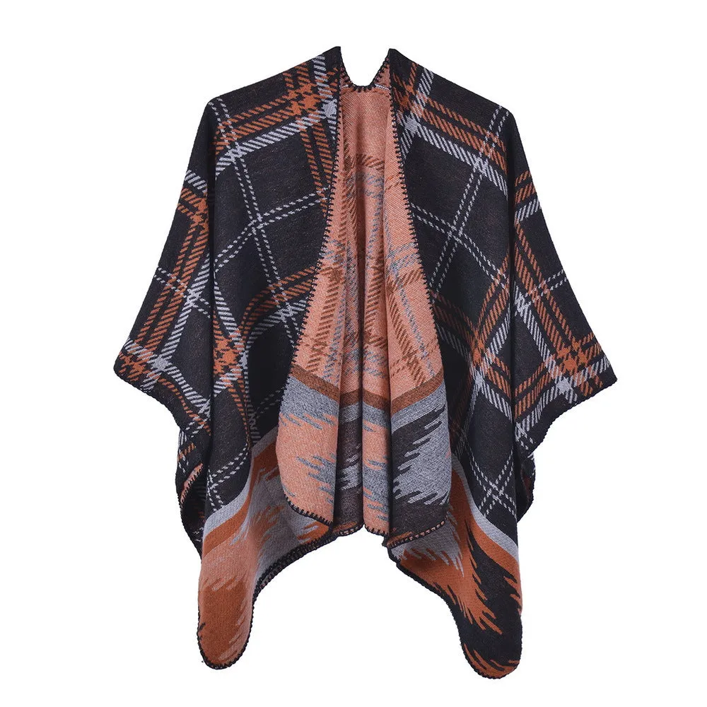 Women's retro plaid shawl, cashmere like, simple and fashionable, warm and thickened small coat cloak