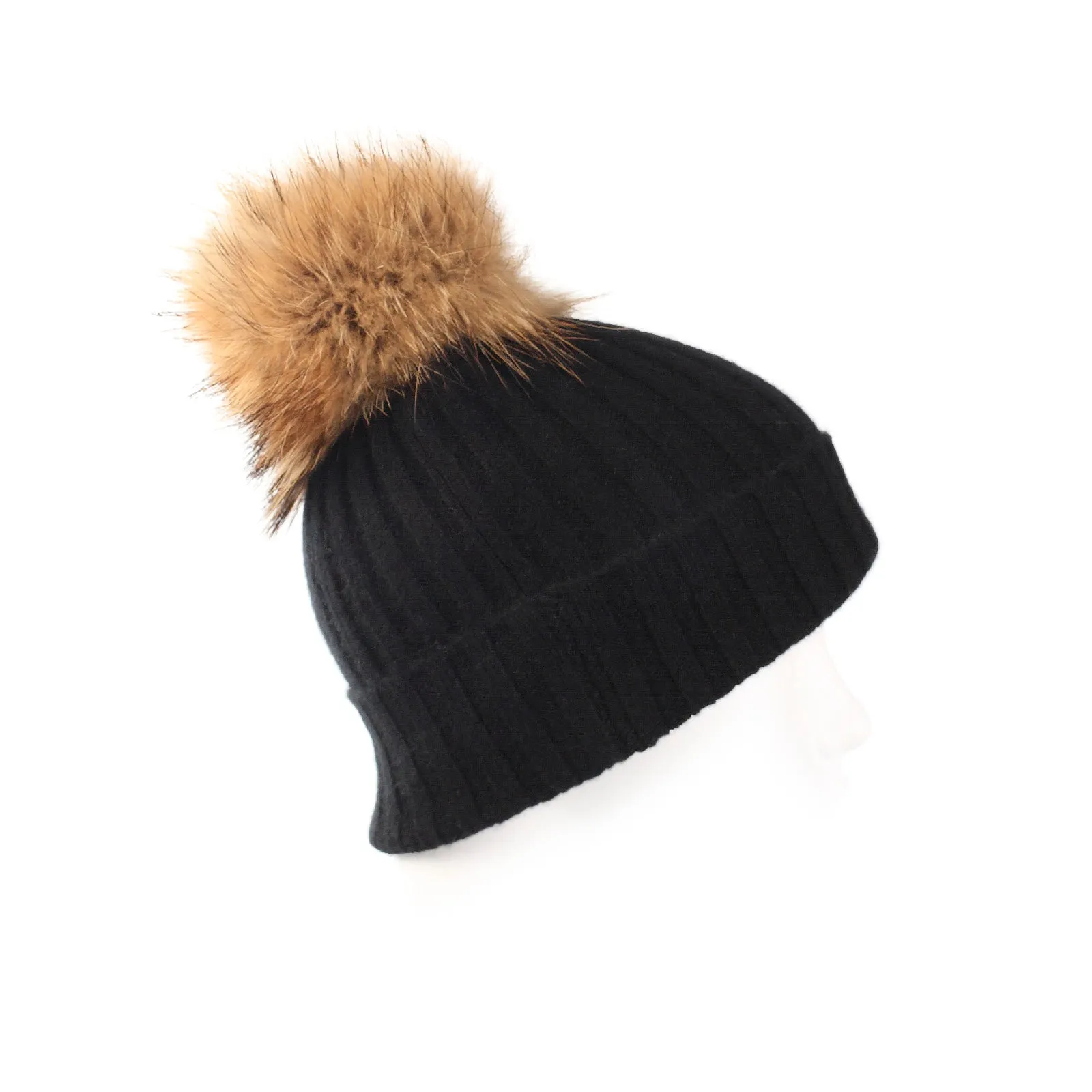 Women's Rib Cashmere Pom Pom Hat  Black