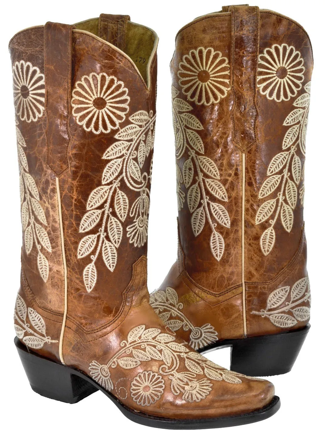 Womens Roma Cognac Cowboy Boots Floral Embroidered - Square Toe