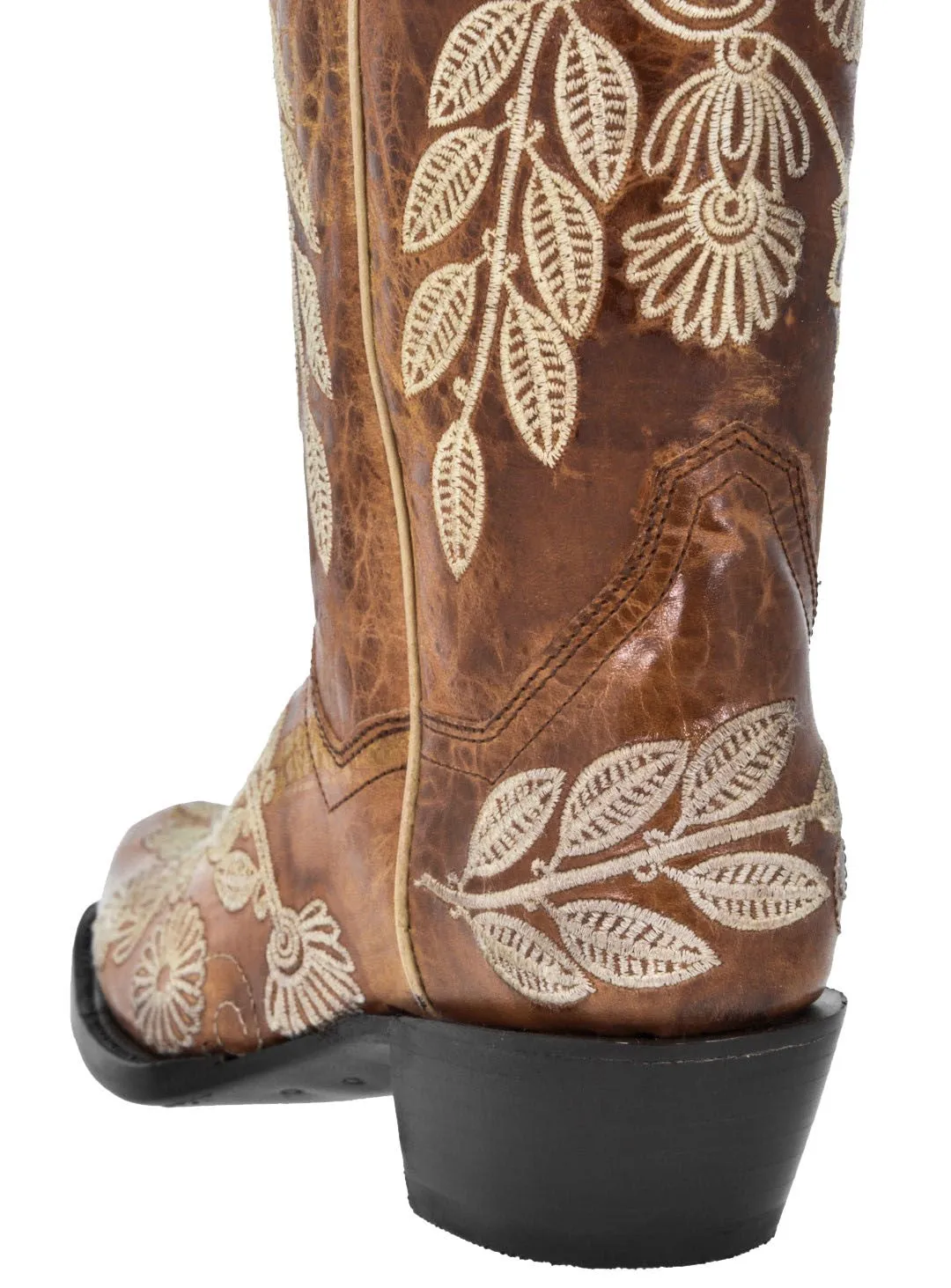 Womens Roma Cognac Cowboy Boots Floral Embroidered - Square Toe