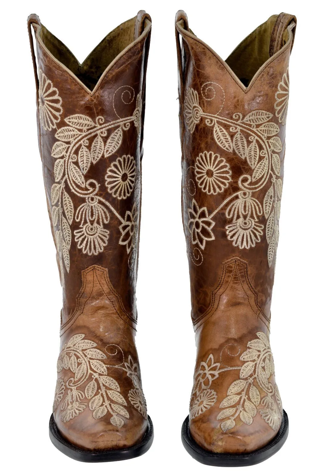 Womens Roma Cognac Cowboy Boots Floral Embroidered - Square Toe