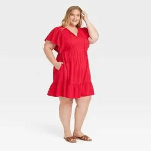 Women's Ruffle Short Sleeve A-Line Dress - Knox Rose Red 1X