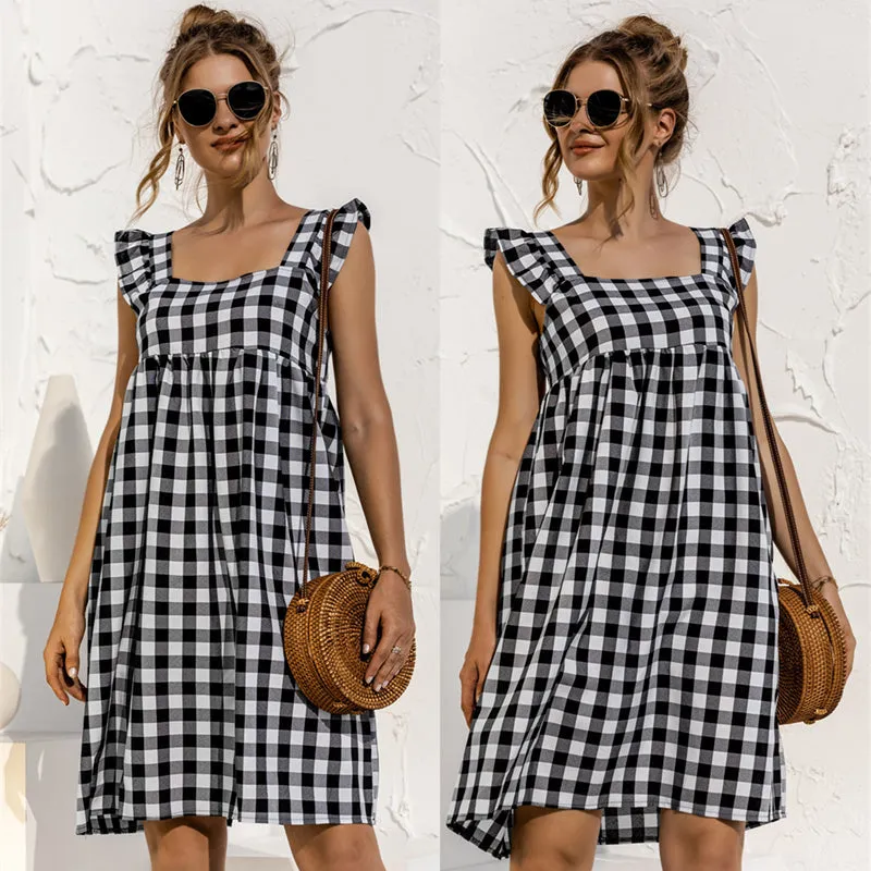 Women's Ruffles Plaid Square Collar Sleeveless Casual Dress