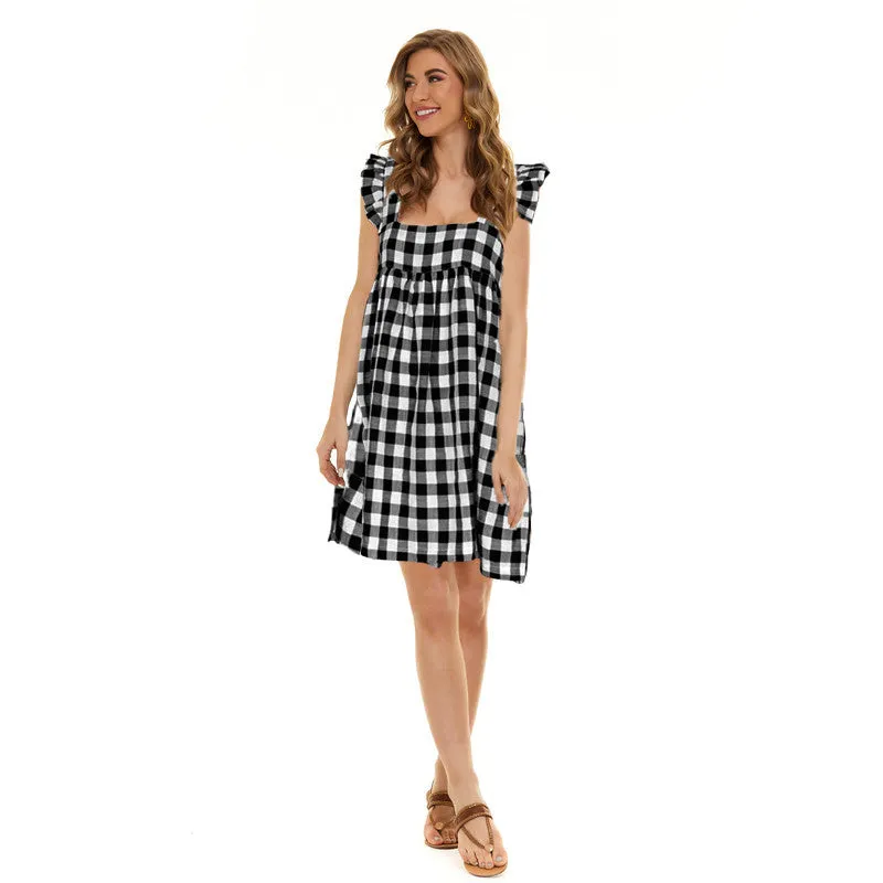 Women's Ruffles Plaid Square Collar Sleeveless Casual Dress