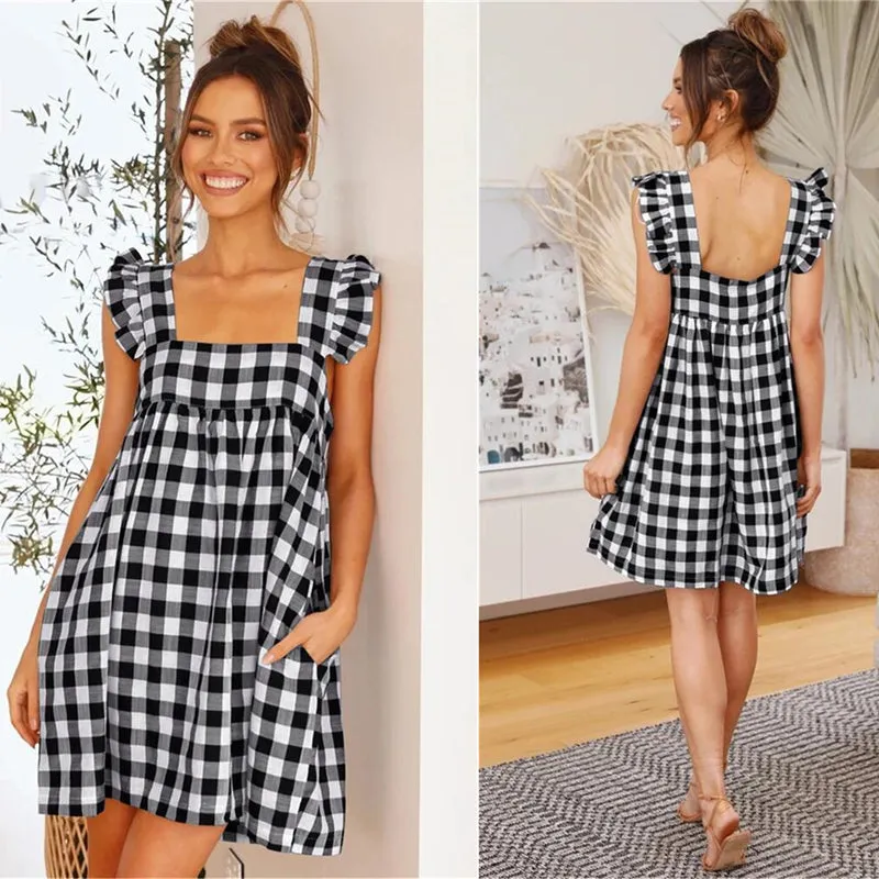 Women's Ruffles Plaid Square Collar Sleeveless Casual Dress