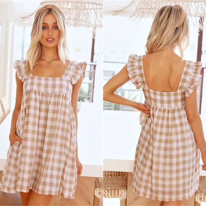 Women's Ruffles Plaid Square Collar Sleeveless Casual Dress