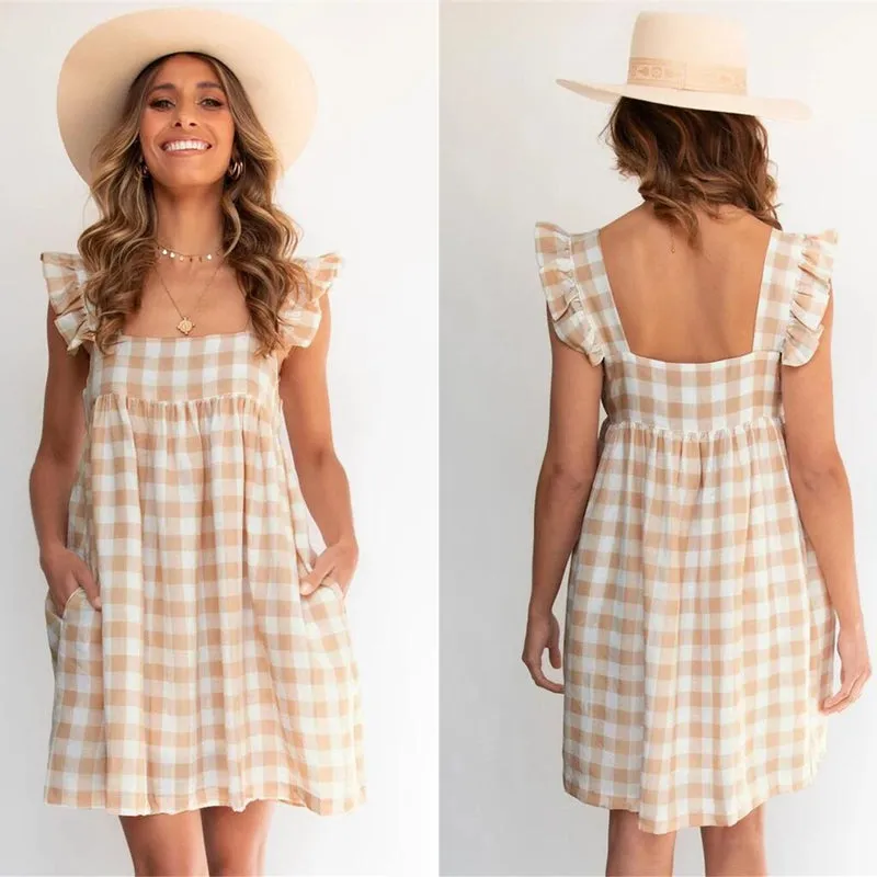 Women's Ruffles Plaid Square Collar Sleeveless Casual Dress