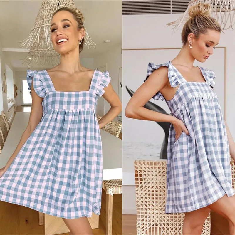 Women's Ruffles Plaid Square Collar Sleeveless Casual Dress