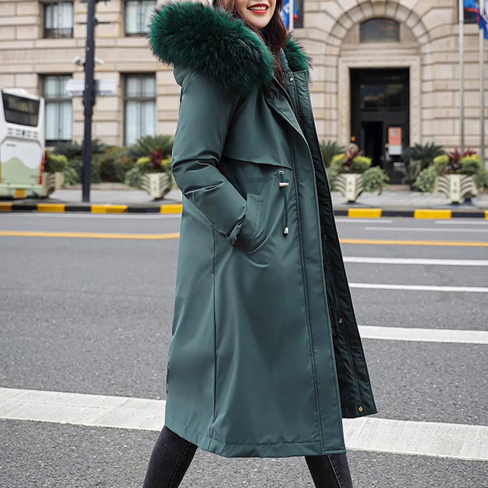 Womens 's Detachable Faux Fur Lining Long Coat with Furry Hood