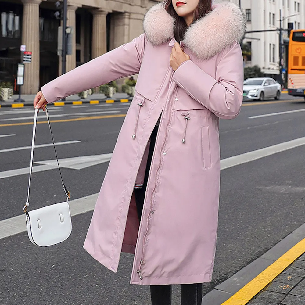 Womens 's Detachable Faux Fur Lining Long Coat with Furry Hood