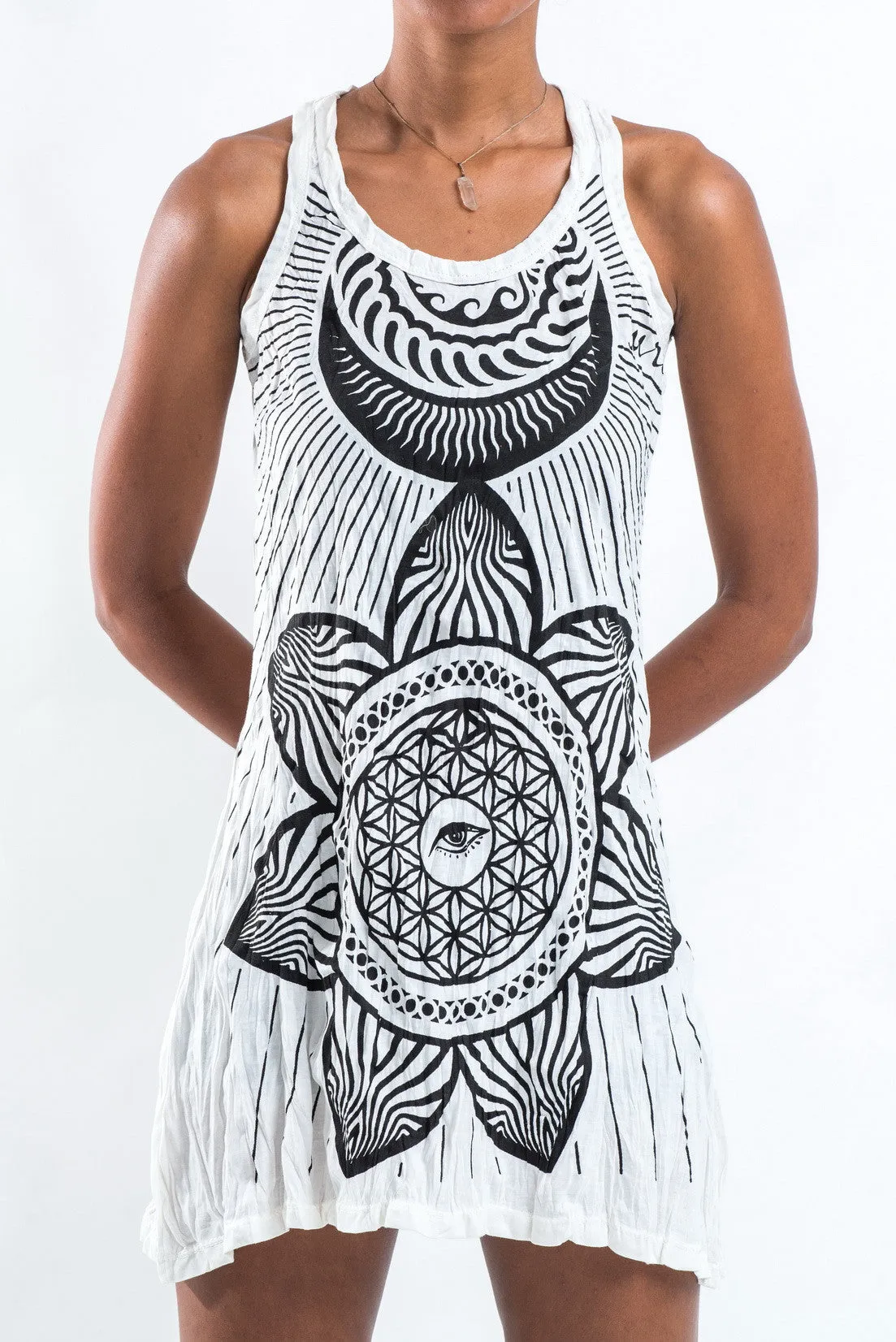 Womens Sacred Geometry Mandala Tank Dress in White